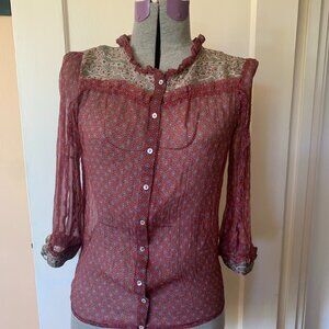 Silk Blouse Top XS Mix Print Button Up Crinkle Chiffon Ruffles Sheer Red Boho